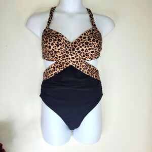 Leopard Print and Black  One Piece Swimsuit